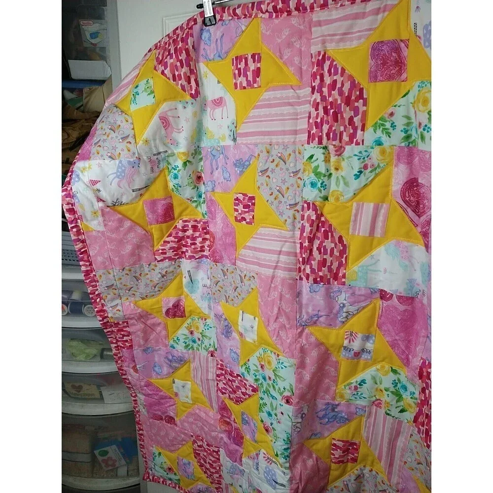 Handmade unicorn Rainbow Flower Heart Quilted Girls Lap/baby Quilt Size37.5